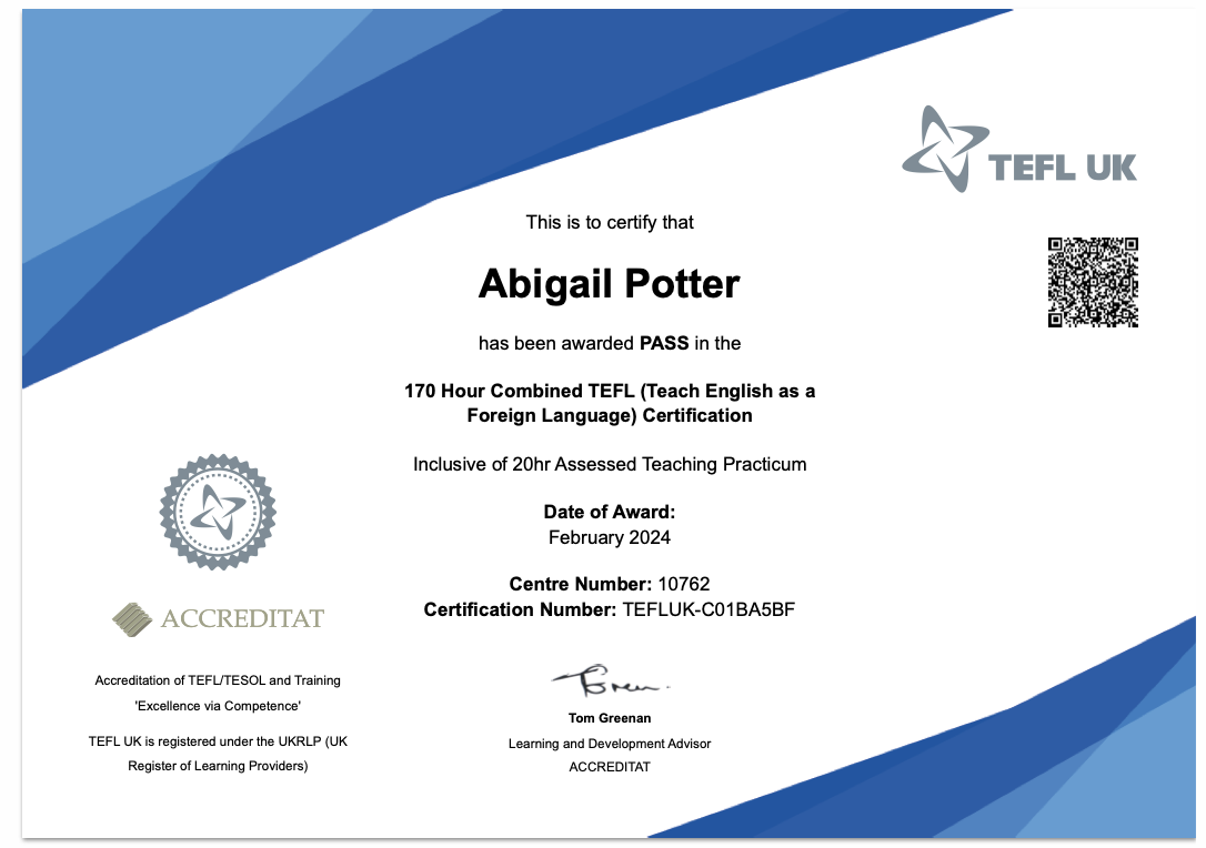 Abigail Potter’s 170 Hour Combined TEFL certification from TEFL UK